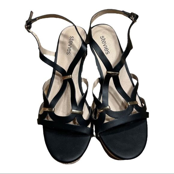 sz 4 Stevies black wedge heels NIB Sandals Gold - Picture 1 of 7